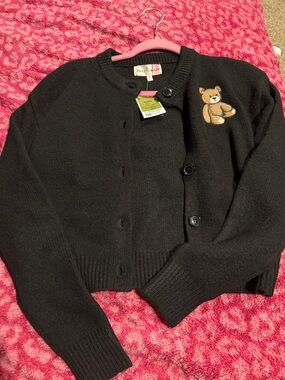 hazel moon Black Teddy bear design Cropped Cardigan, size medium